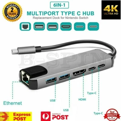 6 in 1 USB C HUB Type-C Multi USB Port 4K HDMI Adapter Dock RJ45 Ethernet USB-C - Image 1 of 4