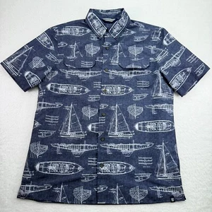 Chaps Shirt Mens Medium Blue Boats Ships Button Down Fishing Hawaiian Outdoor - Picture 1 of 9