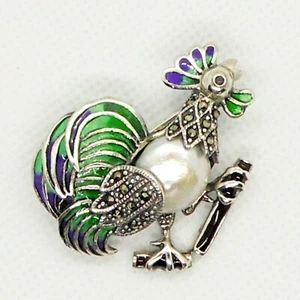 Emaille Markasit Perle Rubin Brosche Anhänger HAHN 925 Sterling Silber  - Bild 1 von 4