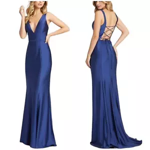 Mac Duggal NWOT Plunge Neck Satin Trumpet Gown Maxi Dress Size 10 Sapphire Blue - Picture 1 of 7