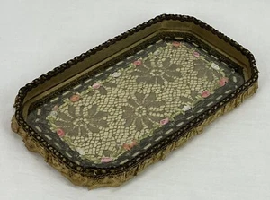 Vintage French Metallic Lace Silk Ribbon Flowers Vanity Dresser Boudoir Tray - Picture 1 of 22