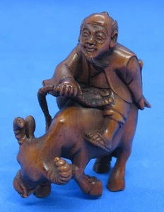 Japanese wood vintage Victorian Meiji Period oriental antique man bison netsuke - Picture 1 of 14
