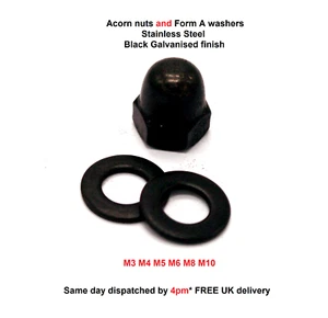 Acorn nuts AND Form A washers BLACK Stainless Steel M3 - M10 Pack of 1 / 4 / 8 - Picture 1 of 14