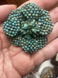 Vtg Chinese Turquoise Beaded Flower Pin / Brooch - Picture 1 of 8
