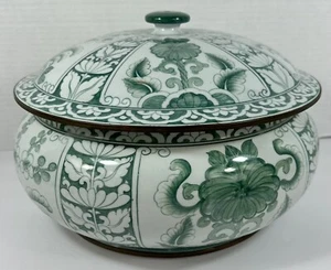 Schöne grün & weiß Blumen asiatischer Stil Schüssel UND Deckel abgerundet Keramik Dekor - Bild 1 von 9
