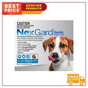 NEXGARD Chewable BLUE for Dogs 3 Chews 4.1 to 10 Kg Monthly Tick Flea Control - Picture 1 of 2