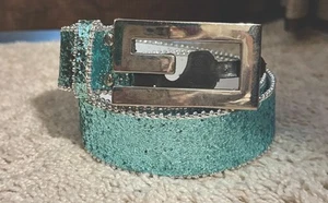 Electric Blue Metallic Silver G Buckle Glitter Studded Womens Belt Vintage - Picture 1 of 5