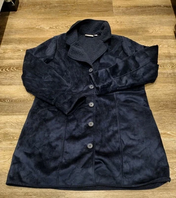D & Co. Faux Suede Sherpa Lined Coat Large Button Front Pockets Cozycore Navy - Image 1 of 4