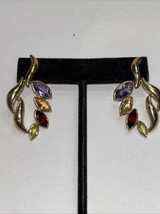 14 K  Gold Amethyst Citrine Garnet Peridot Dangle Leaf Earrings 1.5" Long 5.89g - Picture 1 of 8