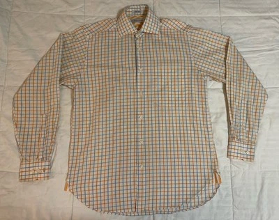 Camisa de vestir Christian Dior blanca azul naranja a cuadros/chevron para hombre talla S 14,5 usada en excelente estado Foto 1 de 4