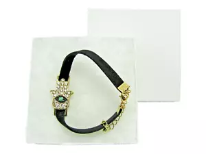 BRACELET Lucky Eye Hamsa Gold Tone Black Faux Leather w Chain Adjustable - Picture 1 of 7