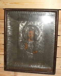 1928 Religious hand made icon with metal facing Jesus Christ - Picture 1 of 8