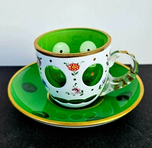 Vintage MOSER Bohemia White Cut to Green Cased Glass & ENAMEL TEA CUP & SAUCER - Picture 1 of 11