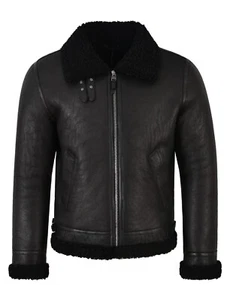 Men B3 Jacket Black Curl Fur 100% GENUINE Shearling Sheepskin RAF Jacket Reagan - Picture 1 of 9