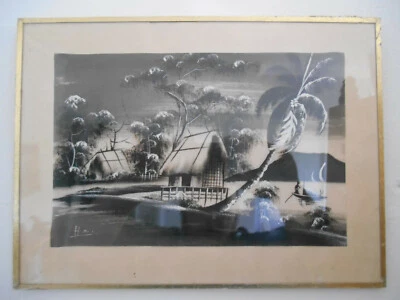 tableau soie tissee afrique tiki 1940 -1960 woven silk  Africa tiki vintage - Photo 1/4