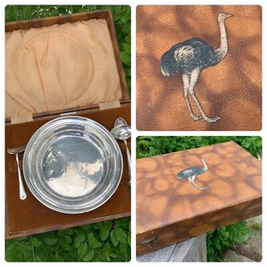 Vintage Antique Silver Plate Baby Feeding Set Unique Ostrich/Emu Box Bowl Pusher - Picture 1 of 12