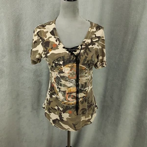 Affliction Shirt Womens XL Camo Lace Up Neck USA Eagle Studded Graphic Print - Picture 1 of 10