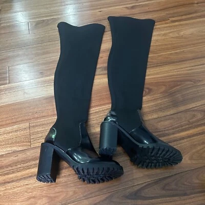 ASOS Design Thigh High Boots Chunky Heel Lug Sole Black Knit UK 8 - Image 1 of 4