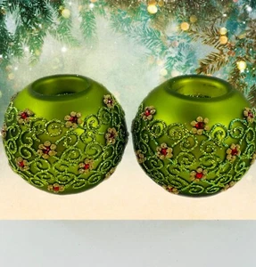 Set Of 2 Handblow Glass Ornament Tea Light Candle Holders Green/Red Flowers 3.5" - Picture 1 of 7