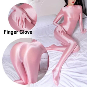 Women Satin Shiny Bodysuit Cosplay Catsuit Zipper Zentai Unitard Jumpsuit Gloves - Picture 1 of 41
