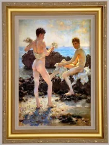 Dipinto olio fatto a mano arte giovane uomo nudo su tela 24"X36" - Foto 1 di 2