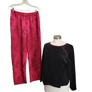 CALIFORNIA DYNASTY WOMAN'S Chinese SATIN 2 PC PJ PAJAMAS LOUNGE SET SZ M Velvet - Picture 1 of 13