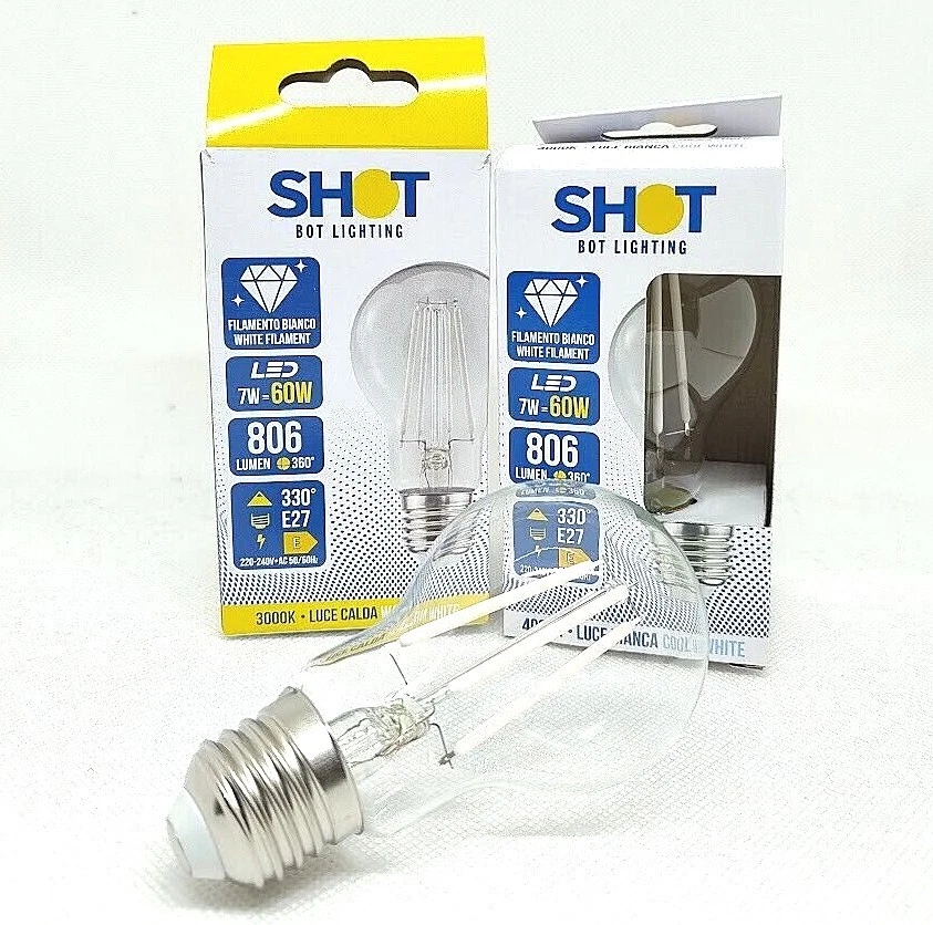 LAMPADINE LED SHOT BOT LIGHTING E27 7W FILAMENTI BIANCHI Goccia Calda Bianca - Immagine 1 di 1
