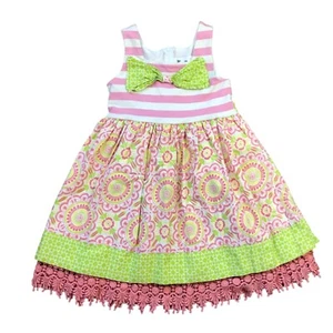 Counting Daisies Pink and Green Whimsical Dress Girls Size 5 Fit & Flare, Cotton - Picture 1 of 10