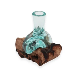 Molten Glass Small Flower Vase on Balinese Gamal Wood Handmade Centrepiece 15x15 - Picture 1 of 6