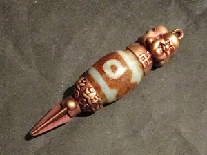 Bel ciondolo perline in puro ottone tibetano *3 Buddha* intarsiato agata Dzi *3 occhi* SS043 - Foto 1 di 8