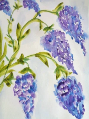 OOAK  -  Original BLUE PURPLE HANGING FLOWERS FLORAL  Watercolor Painting  ART - Image 1 of 2