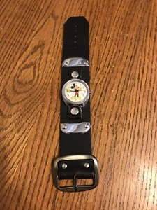 Vintage Timex Mickey Mouse Watch On Wide Black Leather Band  - Picture 1 of 4