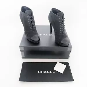 Chanel Lace Up CC Booties EU 38.5 US 7.5-8 Black Cap Toe High Heel Ankle Boot - Picture 1 of 15