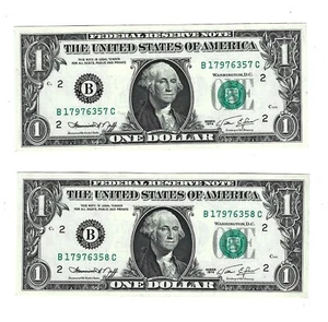 1974 1 $ Federal Reserve Scheine 2 aufeinanderfolgende Scheine Stempelglanz kostenloser Versand C3 - Bild 1 von 6