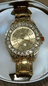 Womens Gold Watch Crystal Accent Bezel Quartz Classic Wristwatch Loc O - Picture 1 of 5