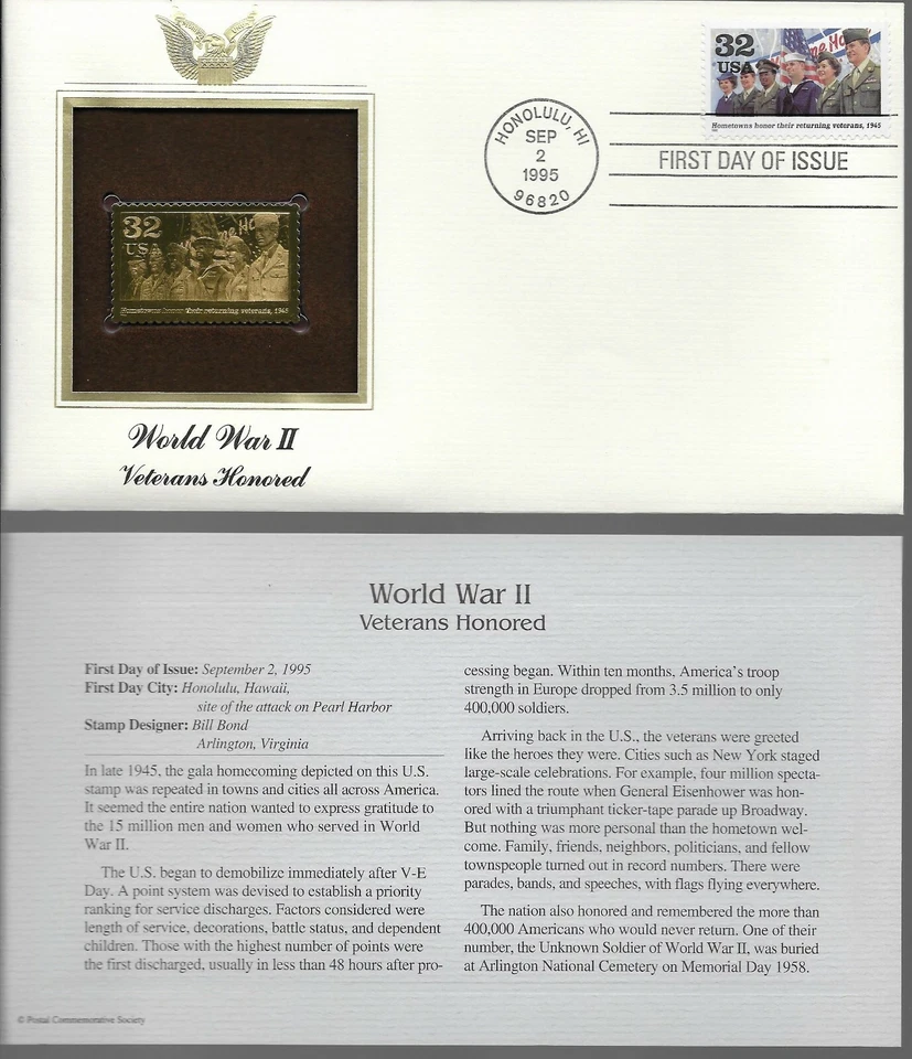 World War II--Veterans Honored--1st day issue-Golden Replica - Image 1 of 1