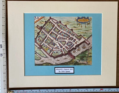 Mounted Old Antique Tudor town plan map Galway, Ireland: Speed 1600s Reprint - Image 1 of 4