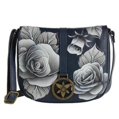 Bolso Bandolera Anuschka Para Mujer Cuero Pintado a Mano Sillín Romántico Rosa Azul Marino Foto 1 de 4