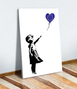 BANKSY BALLOON GIRL EUROPEAN EURO BLUE CANVAS WALL STREET ART PRINT FRAMED - Picture 1 of 5