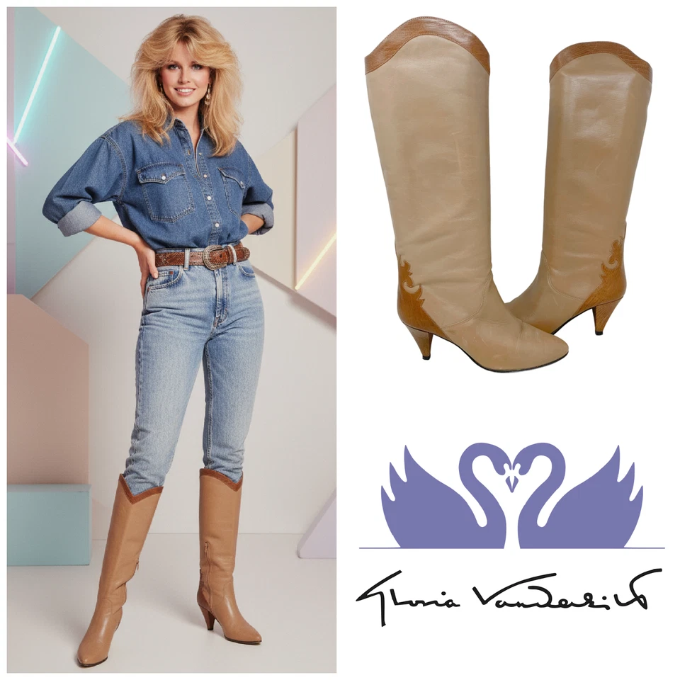 Botas de Vestir Gloria Vanderbilt Años 80 De Colección Talla 6 Cuero Marrón Serpiente Hasta la Rodilla Foto 1 de 4