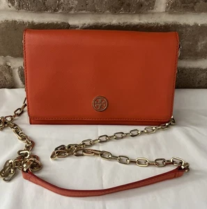 TORY BURCH Orange Saffiano Emerson Chain Link Wallet Crossbody Bag Gold Hardware - Picture 1 of 11