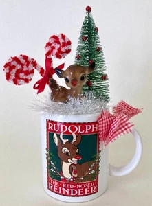 Vintage Rudolph Becher Tasse Weihnachten Montage Rentier Flasche Pinsel Baum OOAK - Bild 1 von 5