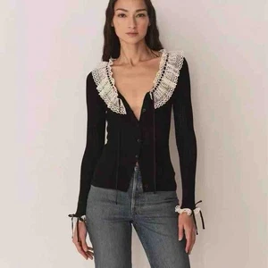 Doen Spitzenkragen Schwarz Strick Seide Kurz Cardigan Sexy Tops Damen 2025 Retro - Bild 1 von 8