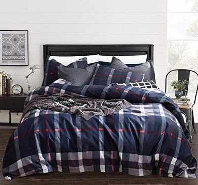  Comforter Set 3Pcs Tartan Bedding Comforter Sets Soft Twin Navy Blue Plaid Foto 1 de 4