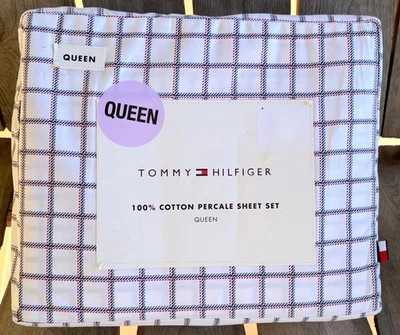 Juego de sábanas a cuadros Tommy Hilfiger talla Queen 100 % algodón crujiente percal rojo azul Foto 1 de 4