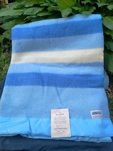 Vintage Amana Woolen Mills Blanket Blue Stripes 80 X 90 NOS - Picture 1 of 7