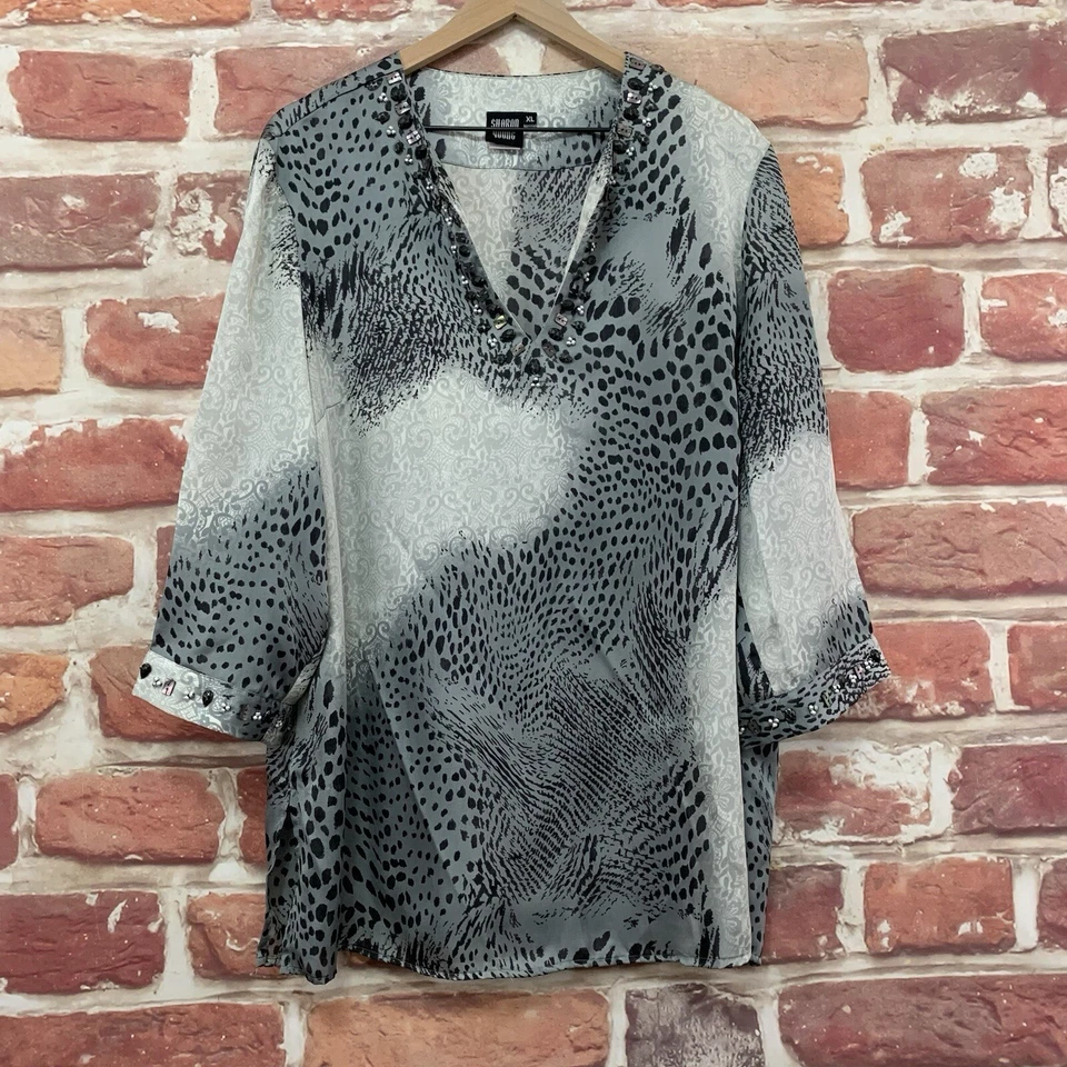 Sharon Young Top Mujer XL Multicolor Floral Abstracto Satén Cuentas Túnica Camisa Foto 1 de 4