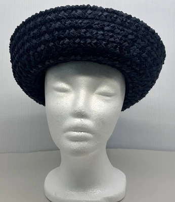 Vintage ORIGINAL CHAPEAUX LOUISE Pillbox Style Hat Woven with Ribbon Navy Color - Image 1 of 4