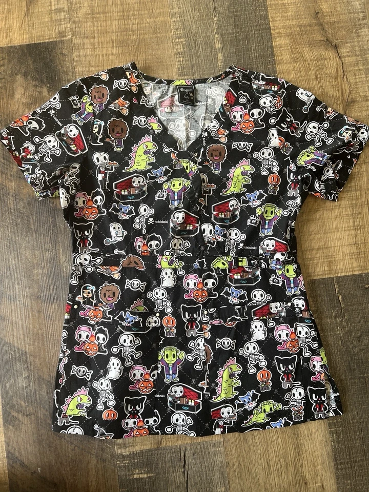 Tokidoki by Koi Halloween Theme Scrub Top Womens Sz XS Pockets - Image 1 of 4