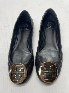 Tory Burch Black Quilted Leather Gold Emblem Ballet Flats Women’s Size 9  - Picture 1 of 5